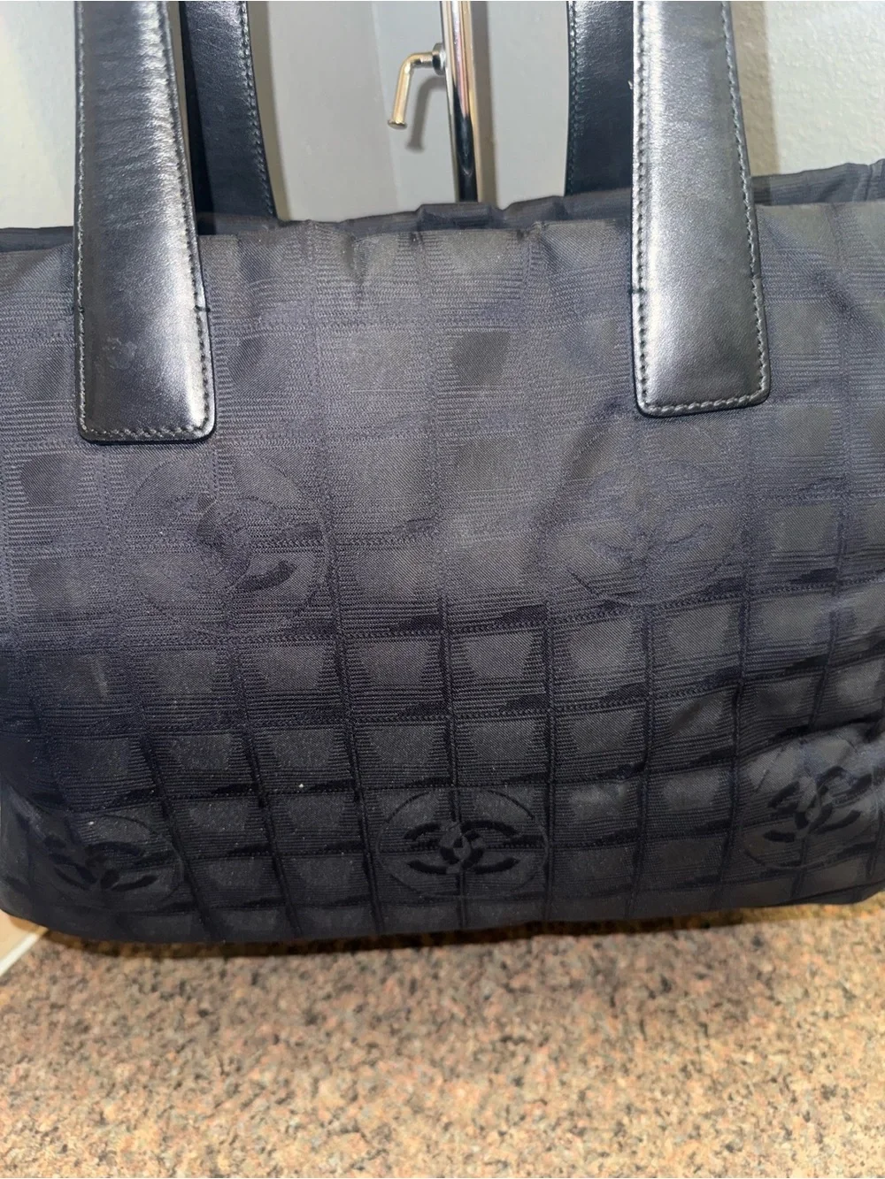 CHANEL Black Quilted Nylon Tote with Leather Straps EUC
